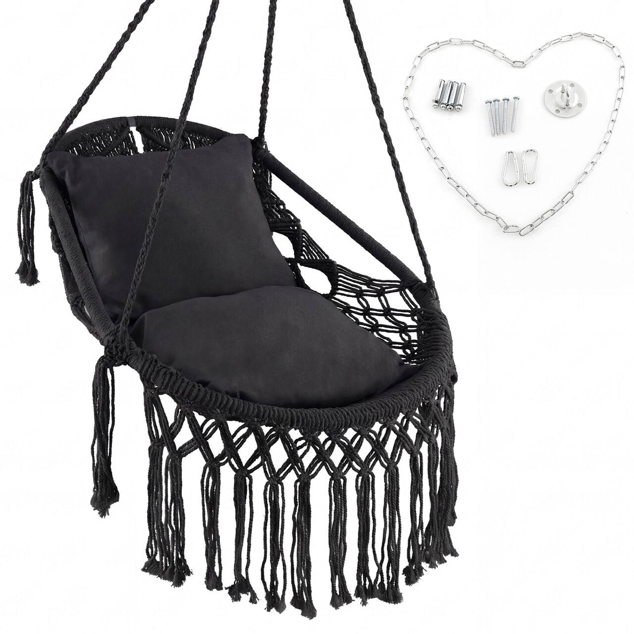 Black Hammock Chair with Comfortable Cushions and Durable Rope Indoor/Outdoor